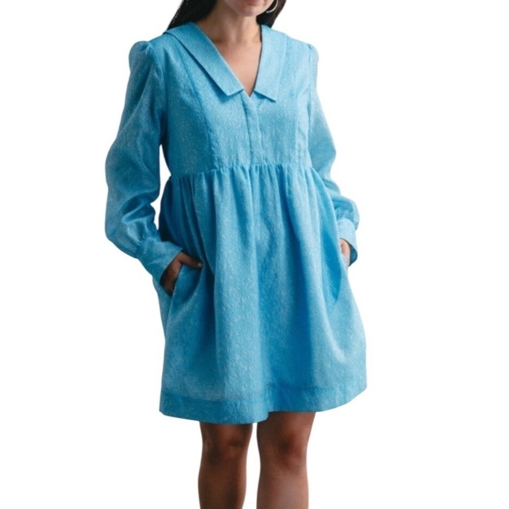 Darling Babydoll Dress Womens Medium Blue‎ Jacquard Puff Sleeve Pockets NEW